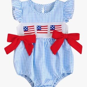 Blue Smocked Gingham Baby Romper Red Bows 4th July Embroider Bubble 12-18 Months